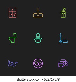 Set Of 9 Editable Cleanup Outline Icons. Includes Symbols Such As Kitchen Clothing, Sweeping Tools, Toilet Brush And More. Can Be Used For Web, Mobile, UI And Infographic Design.