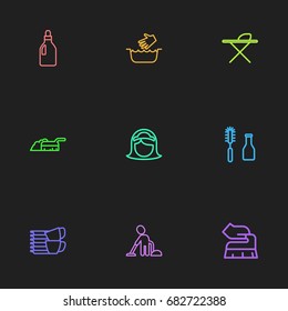 Set Of 9 Editable Cleanup Outline Icons. Includes Symbols Such As Scrub, Maid, Washing Liquid And More. Can Be Used For Web, Mobile, UI And Infographic Design.