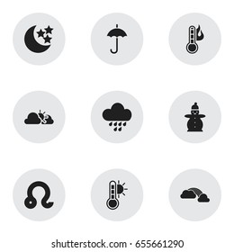 Set Of 9 Editable Climate Icons. Includes Symbols Such As Weather After Rain, Sunset, Lion And More. Can Be Used For Web, Mobile, UI And Infographic Design.