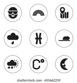 Set Of 9 Editable Climate Icons. Includes Symbols Such As Sunglasses, Pin, Smile Lunar And More. Can Be Used For Web, Mobile, UI And Infographic Design.