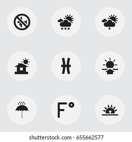 Set Of 9 Editable Climate Icons. Includes Symbols Such As Sunset, House, Snowy Weather And More. Can Be Used For Web, Mobile, UI And Infographic Design.