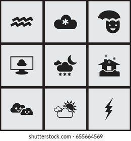 Set Of 9 Editable Climate Icons. Includes Symbols Such As Twilight, High Voltage, Cloud On The Screen And More. Can Be Used For Web, Mobile, UI And Infographic Design.