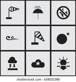 Set Of 9 Editable Climate Icons. Includes Symbols Such As Breeze Vane, Sundown, Wind Measurement And More. Can Be Used For Web, Mobile, UI And Infographic Design.