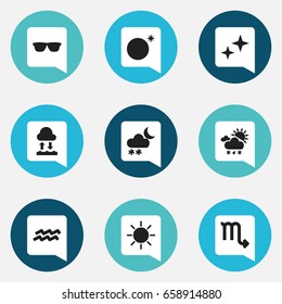 Set Of 9 Editable Climate Icons. Includes Symbols Such As Asterisk, Sleet, Water Bearer And More. Can Be Used For Web, Mobile, UI And Infographic Design.