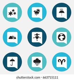 Set Of 9 Editable Climate Icons. Includes Symbols Such As Cloudburst, World, Snowflakes And More. Can Be Used For Web, Mobile, UI And Infographic Design.