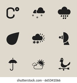 Set Of 9 Editable Climate Icons. Includes Symbols Such As Drip, Covered With Snow, Satellite And More. Can Be Used For Web, Mobile, UI And Infographic Design.