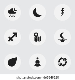 Set Of 9 Editable Climate Icons. Includes Symbols Such As Drip, Pin, Moon Up And More. Can Be Used For Web, Mobile, UI And Infographic Design.