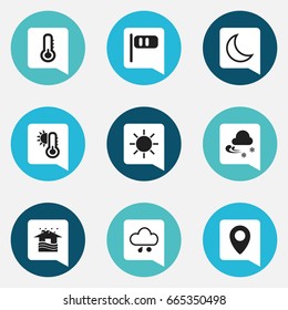 Set Of 9 Editable Climate Icons. Includes Symbols Such As Half Moon, Frigid, Breeze Cone And More. Can Be Used For Web, Mobile, UI And Infographic Design.