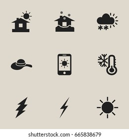 Set Of 9 Editable Climate Icons. Includes Symbols Such As Bolt, House, Lightning And More. Can Be Used For Web, Mobile, UI And Infographic Design.