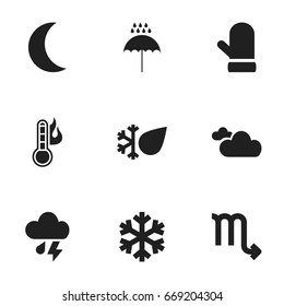 Set Of 9 Editable Climate Icons. Includes Symbols Such As Crescent, Zodiac Sign, Particle And More. Can Be Used For Web, Mobile, UI And Infographic Design.