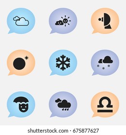 Set Of 9 Editable Climate Icons. Includes Symbols Such As Covered With Snow, Sunny Weather, Satellite And More. Can Be Used For Web, Mobile, UI And Infographic Design.