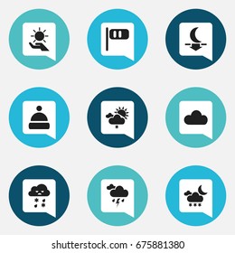 Set Of 9 Editable Climate Icons. Includes Symbols Such As Lunar, Frosty, Twilight And More. Can Be Used For Web, Mobile, UI And Infographic Design.