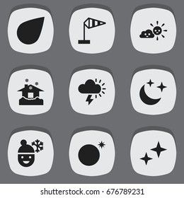 Set Of 9 Editable Climate Icons. Includes Symbols Such As Midnight, Asterisk, Sunny Weather And More. Can Be Used For Web, Mobile, UI And Infographic Design.