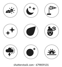 Set Of 9 Editable Climate Icons. Includes Symbols Such As Morning, Boy In Winter, Midnight And More. Can Be Used For Web, Mobile, UI And Infographic Design.