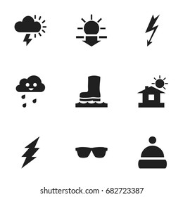 Set Of 9 Editable Climate Icons. Includes Symbols Such As Lightning, House, Eyeglasses And More. Can Be Used For Web, Mobile, UI And Infographic Design.