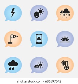 Set Of 9 Editable Climate Icons. Includes Symbols Such As Phone, Frostiness, Lightning And More. Can Be Used For Web, Mobile, UI And Infographic Design.