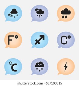 Set Of 9 Editable Climate Icons. Includes Symbols Such As Fahrenheit, Celcius Degree, Celsius And More. Can Be Used For Web, Mobile, UI And Infographic Design.