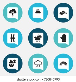 Set Of 9 Editable Climate Icons. Includes Symbols Such As Boy In Winter, Glove, Thunderstorm And More. Can Be Used For Web, Mobile, UI And Infographic Design.