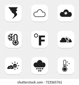 Set Of 9 Editable Climate Icons. Includes Symbols Such As Rainstorm, Frost Temperature, Tornado And More. Can Be Used For Web, Mobile, UI And Infographic Design.