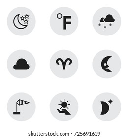 Set Of 9 Editable Climate Icons. Includes Symbols Such As Covered With Snow, Solar In The Palm, Moonshine And More. Can Be Used For Web, Mobile, UI And Infographic Design.