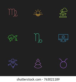 Set Of 9 Editable Climate Outline Icons. Includes Symbols Such As Fishes, Domicile, Monitor And More. Can Be Used For Web, Mobile, UI And Infographic Design.