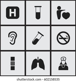 Set Of 9 Editable Clinic Icons. Includes Symbols Such As Wound Band, Respiratory Organ, Listen. Can Be Used For Web, Mobile, UI And Infographic Design.