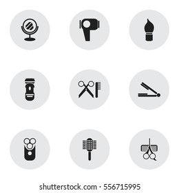 Set Of 9 Editable Coiffeur Icons. Includes Symbols Such As Charger, Hair Drier, Barber Tools And More. Can Be Used For Web, Mobile, UI And Infographic Design.