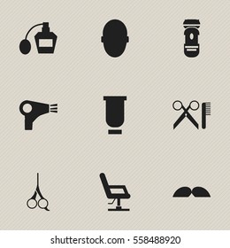 Set Of 9 Editable Coiffeur Icons. Includes Symbols Such As Scent, Brains, Desiccator And More. Can Be Used For Web, Mobile, UI And Infographic Design.
