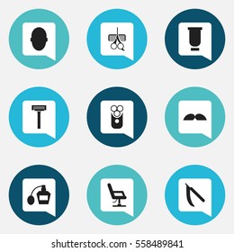 Set Of 9 Editable Coiffeur Icons. Includes Symbols Such As Blade, Cutter Apparatus, Shaver And More. Can Be Used For Web, Mobile, UI And Infographic Design.