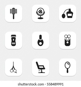 Set Of 9 Editable Coiffeur Icons. Includes Symbols Such As Scent, Vial, Shaving And More. Can Be Used For Web, Mobile, UI And Infographic Design.