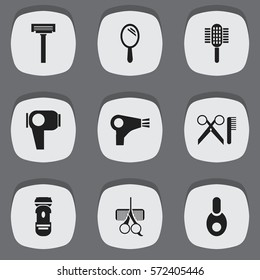 Set Of 9 Editable Coiffeur Icons. Includes Symbols Such As Hair Drier, Desiccator, Hairdresser Set And More. Can Be Used For Web, Mobile, UI And Infographic Design.