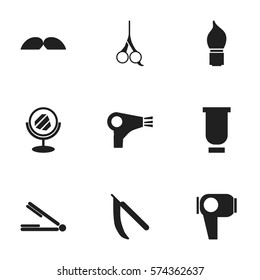 Set Of 9 Editable Coiffeur Icons. Includes Symbols Such As Container, Blade, Desiccator And More. Can Be Used For Web, Mobile, UI And Infographic Design.