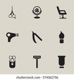 Set Of 9 Editable Coiffeur Icons. Includes Symbols Such As Scrub, Container, Shaver And More. Can Be Used For Web, Mobile, UI And Infographic Design.