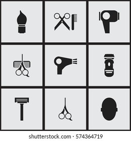 Set Of 9 Editable Coiffeur Icons. Includes Symbols Such As Hair Drier, Cut Tool, Shaving And More. Can Be Used For Web, Mobile, UI And Infographic Design.
