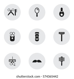 Set Of 9 Editable Coiffeur Icons. Includes Symbols Such As Shaver, Cutter Apparatus, Whiskers And More. Can Be Used For Web, Mobile, UI And Infographic Design.