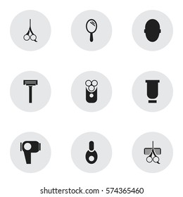 Set Of 9 Editable Coiffeur Icons. Includes Symbols Such As Brains, Cutter Apparatus, Shaver And More. Can Be Used For Web, Mobile, UI And Infographic Design.