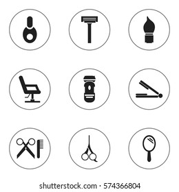 Set Of 9 Editable Coiffeur Icons. Includes Symbols Such As Take The Hair Dryer, Scrub, Cut Tool And More. Can Be Used For Web, Mobile, UI And Infographic Design.