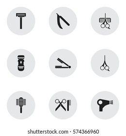 Set Of 9 Editable Coiffeur Icons. Includes Symbols Such As Charger, Barber Tools, Blade And More. Can Be Used For Web, Mobile, UI And Infographic Design.