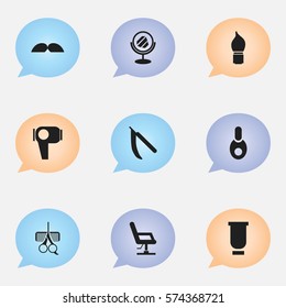 Set Of 9 Editable Coiffeur Icons. Includes Symbols Such As Blade, Peeper, Vial And More. Can Be Used For Web, Mobile, UI And Infographic Design.