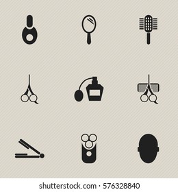 Set Of 9 Editable Coiffeur Icons. Includes Symbols Such As Cut Tool, Hairdresser Set, Scent And More. Can Be Used For Web, Mobile, UI And Infographic Design.