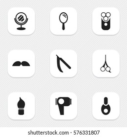 Set Of 9 Editable Coiffeur Icons. Includes Symbols Such As Hair Drier, Vial, Peeper And More. Can Be Used For Web, Mobile, UI And Infographic Design.