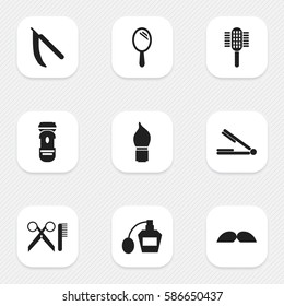 Set Of 9 Editable Coiffeur Icons. Includes Symbols Such As Whiskers, Scrub, Blade And More. Can Be Used For Web, Mobile, UI And Infographic Design.