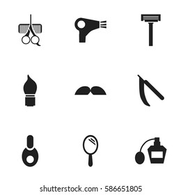 Set Of 9 Editable Coiffeur Icons. Includes Symbols Such As Vial, Scent, Blade And More. Can Be Used For Web, Mobile, UI And Infographic Design.