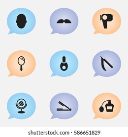 Set Of 9 Editable Coiffeur Icons. Includes Symbols Such As Peeper, Reflector, Whiskers And More. Can Be Used For Web, Mobile, UI And Infographic Design.