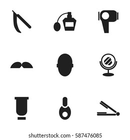 Set Of 9 Editable Coiffeur Icons. Includes Symbols Such As Whiskers, Scent, Peeper And More. Can Be Used For Web, Mobile, UI And Infographic Design.