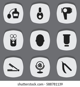 Set Of 9 Editable Coiffeur Icons. Includes Symbols Such As Vial, Blade, Peeper And More. Can Be Used For Web, Mobile, UI And Infographic Design.