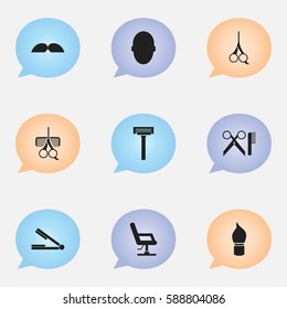 Set Of 9 Editable Coiffeur Icons. Includes Symbols Such As Hairdresser Set, Cut Tool, Take The Hair Dryer And More. Can Be Used For Web, Mobile, UI And Infographic Design.