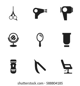 Set Of 9 Editable Coiffeur Icons. Includes Symbols Such As Reflector, Cut Tool, Hair Drier And More. Can Be Used For Web, Mobile, UI And Infographic Design.