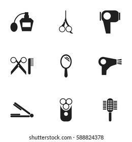 Set Of 9 Editable Coiffeur Icons. Includes Symbols Such As Scent, Hair Drier, Desiccator And More. Can Be Used For Web, Mobile, UI And Infographic Design.