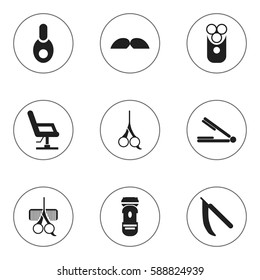Set Of 9 Editable Coiffeur Icons. Includes Symbols Such As Shaving, Blade, Vial And More. Can Be Used For Web, Mobile, UI And Infographic Design.